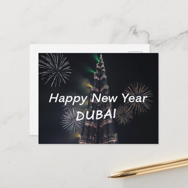 Carte Postale Bonne année Feu d'artifice Dubaï Fête (Devant/Arrière en situation)