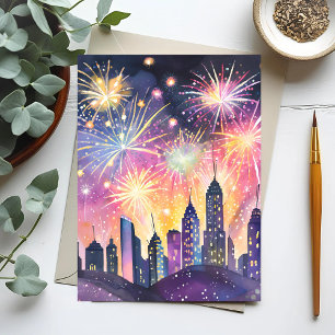 Carte Postale Bonne année   Feux d'artifice Cité Nuit Aquarelle