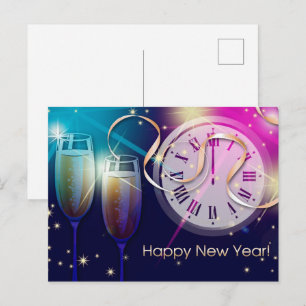 Carte Postale Bonne année. Feux d'artifice et Champagne