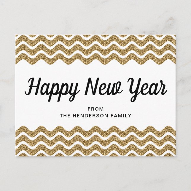 Carte Postale Bonne année paillettes dorées chevron rayures (Devant)