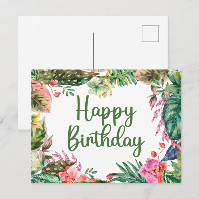 Carte Postale Bonne aquarelle d'anniversaire Feuilles tropicaux, (Devant / Derrière)