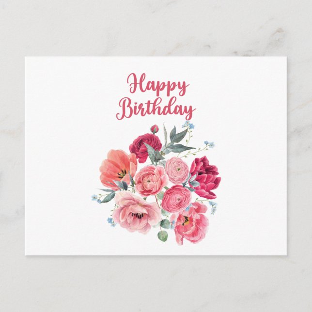 Carte Postale Bonne aquarelle d'anniversaire Fleurs rouges et ro (Devant)