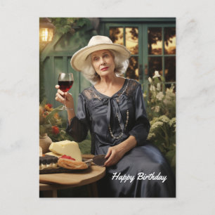 Carte Postale Bonne dame d'anniversaire dans le jardin avec du v