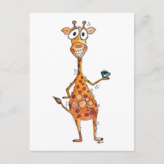 Carte Postale Bonne Giraffe Whimsical Boire Café (Devant)