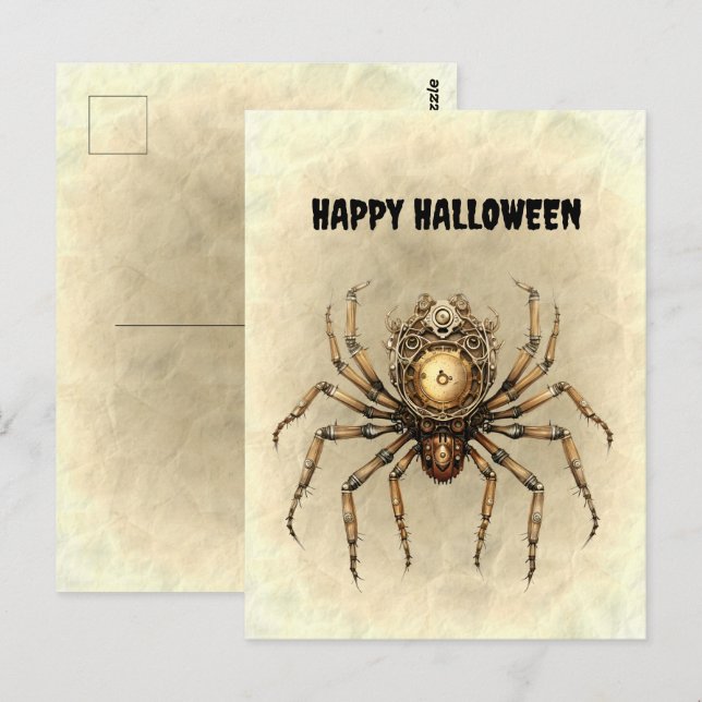 Carte Postale Bonne Halloween Steampunk Spider (Devant / Derrière)
