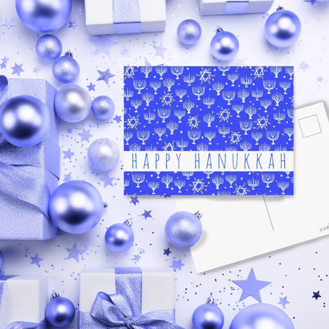 Carte Postale Bonne Hanoukka Star de David Menorah Blue CUSTOM (Cute Happy Hannukkah postcard in blue with menorahs and stars. Customize with your own text)