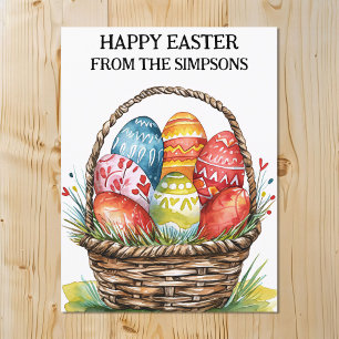 Carte Postale Bonne Pâques Aquarelle Painé Famille Panier OEuf P