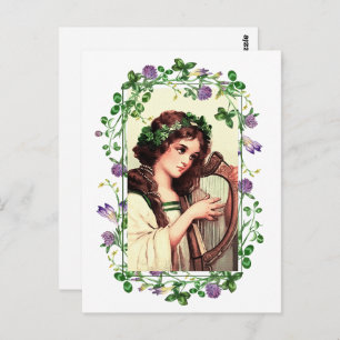 Carte Postale Bonne Saint Patrick. Irlandaise avec harpe