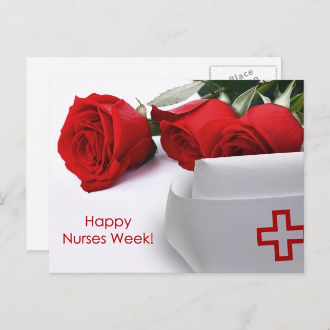 Carte Postale Bonne Semaine des infirmières. Casquette des Roses (Devant / Derrière)