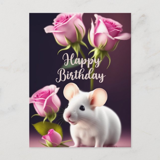 Carte Postale Bonne Souris d'anniversaire mignonne avec Roses ro (Devant)