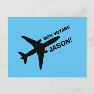 Carte Postale Bonne traversée Avion sur fond bleu nom personnali