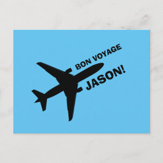 Carte Postale Bonne traversée Avion sur fond bleu nom personnali