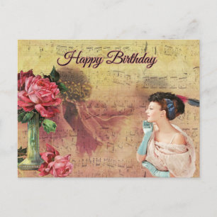Carte Postale Bonne Vintage d'anniversaire avec Roses