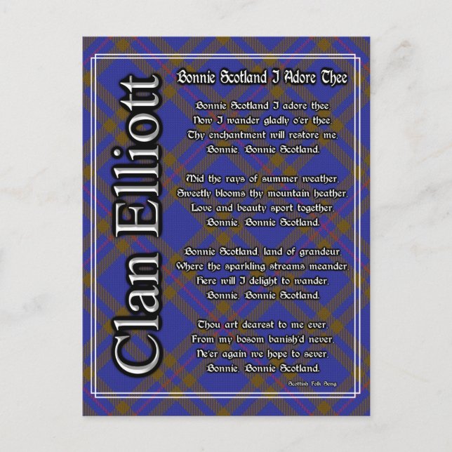 Carte Postale Bonnie Scotland J'Adore Le Clan Elliott Tartan (Devant)