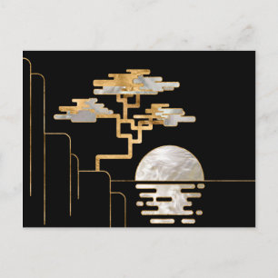 Carte Postale Bonsai géométrique et Lune - Perle et or