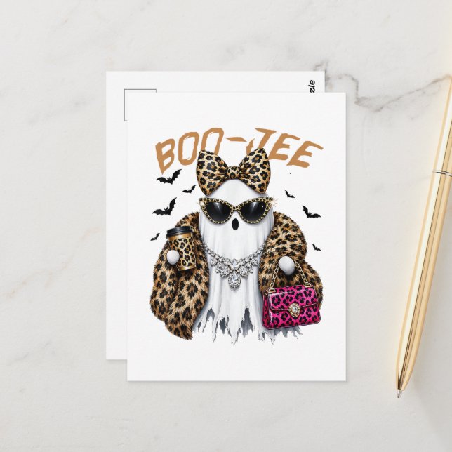 Carte Postale Boo-JEE Fantôme Léopard Coquette Halloween (Devant/Arrière en situation)