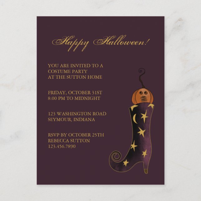 Carte Postale Boot et Citrouille de sorcière ・ Invitation d'Hall (Devant)