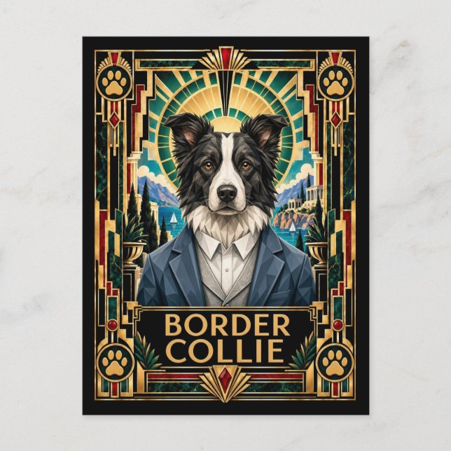 Carte Postale Border Collie, Chien Art Déco (Devant)