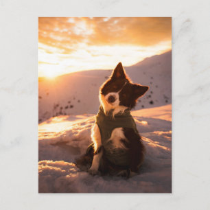 Carte Postale Border Collie rouge dans les montagnes enneigées a