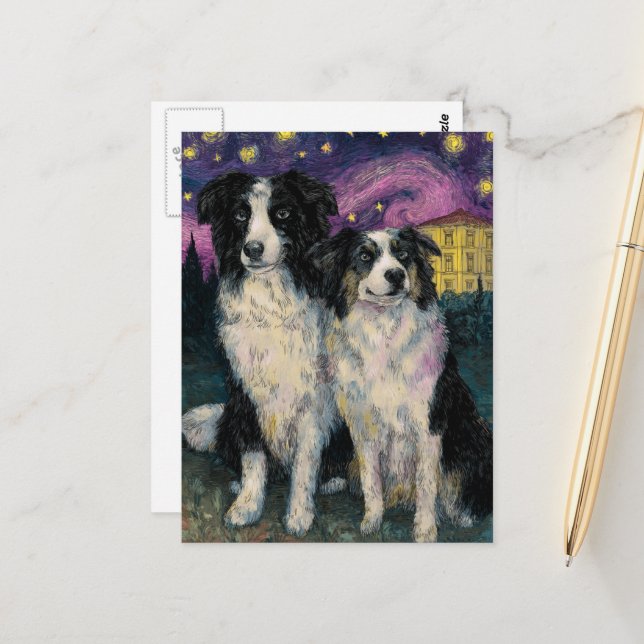 Carte Postale Border Collies de Van Gogh la nuit (Devant/Arrière en situation)