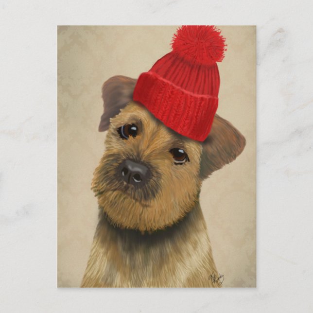 Carte Postale Border Terrier with Red Bobble Hat (Devant)