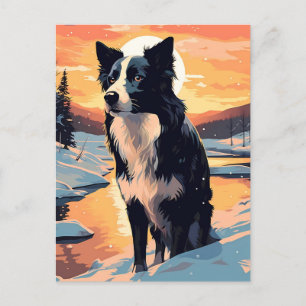 Carte Postale Bordure Collie dans la forêt enneigée au coucher d