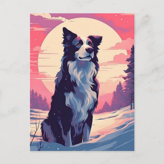 Carte Postale Bordure Collie dans la forêt enneigée au coucher d (Devant)