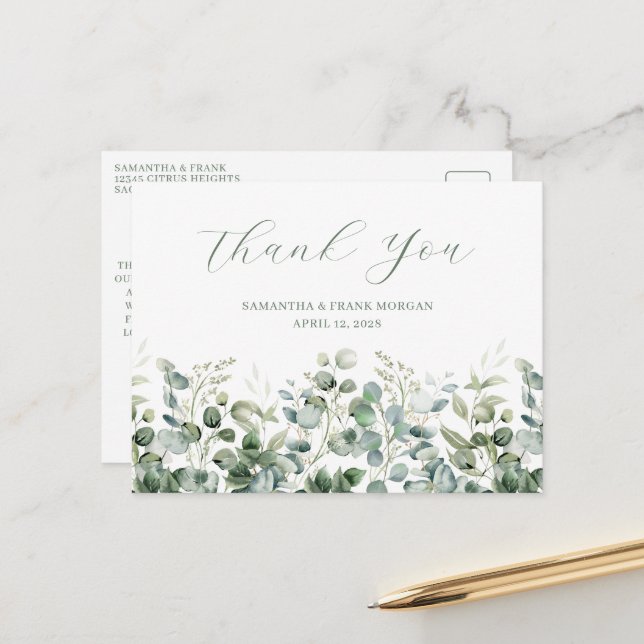 Carte Postale Bordure de mariage à la gouache Eucalyptus Verdure (Devant/Arrière en situation)