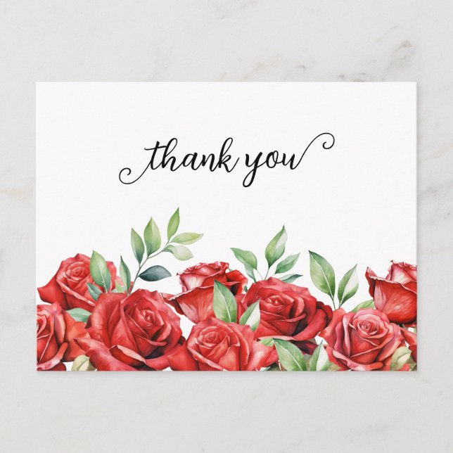 Carte Postale Bordure de roses rouges à l'aquarelle pour remerci (Devant)