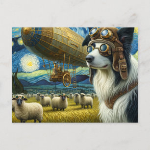 Carte Postale Bordure de Steampunk Collie avec mouton
