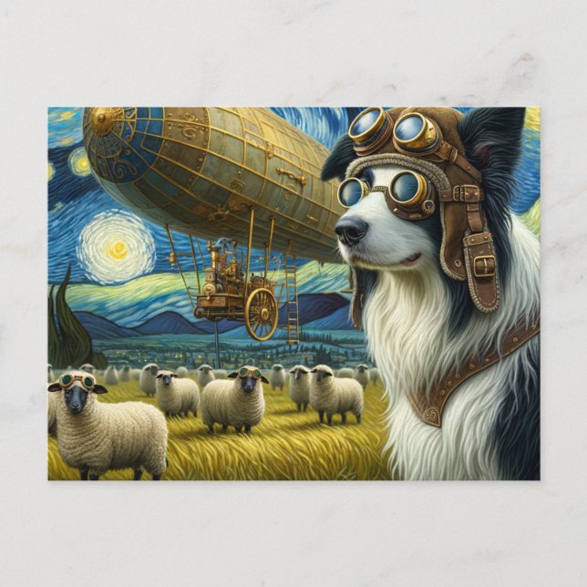 Carte Postale Bordure de Steampunk Collie avec mouton (Devant)