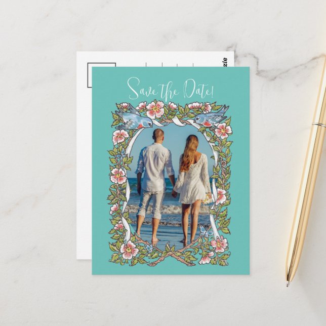 Carte Postale Bordure des oiseaux Fleurs sauvages turquoises Enr (Devant/Arrière en situation)