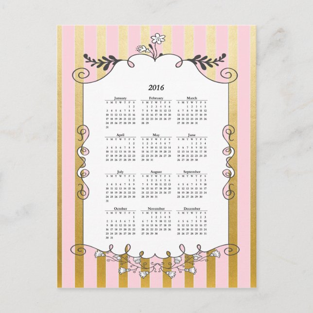 Carte Postale Bordure illustrée rose et or 2016 Calendrier (Devant)