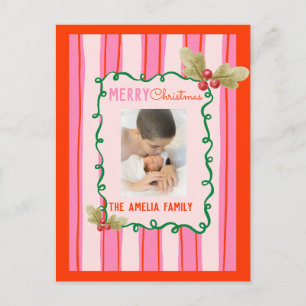 Carte Postale Bordure rose rouge de Noël Doodle Photo Vacances 