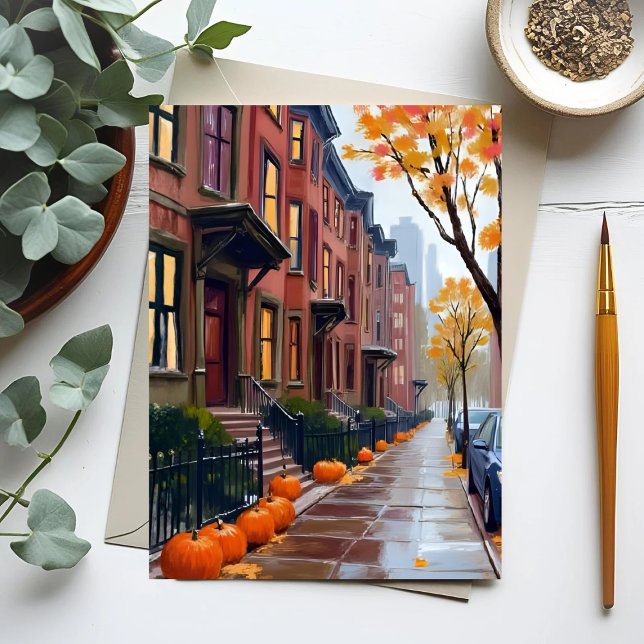 Carte Postale Boston Autumn Brownstones Pumpkin Watercolor (Créateur téléchargé)