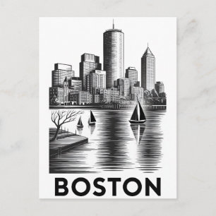 Carte Postale Boston Massachusetts Skyline Noir et Blanc Gravure