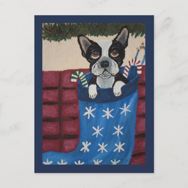 Carte Postale Boston Terrier de Noël dans un bas (Devant)