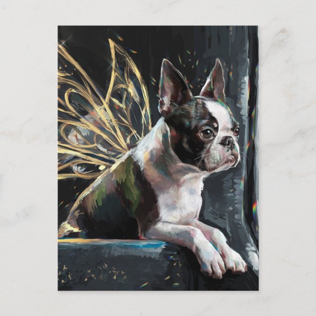 Carte Postale Boston Terrier Fairy sur un train (Devant)