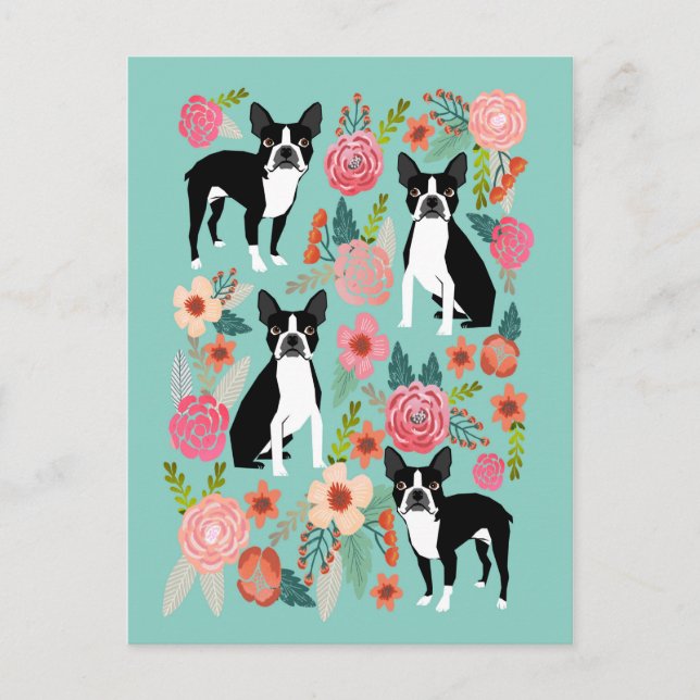 Carte Postale Boston Terrier Spring flowers -cute boston terrier (Devant)