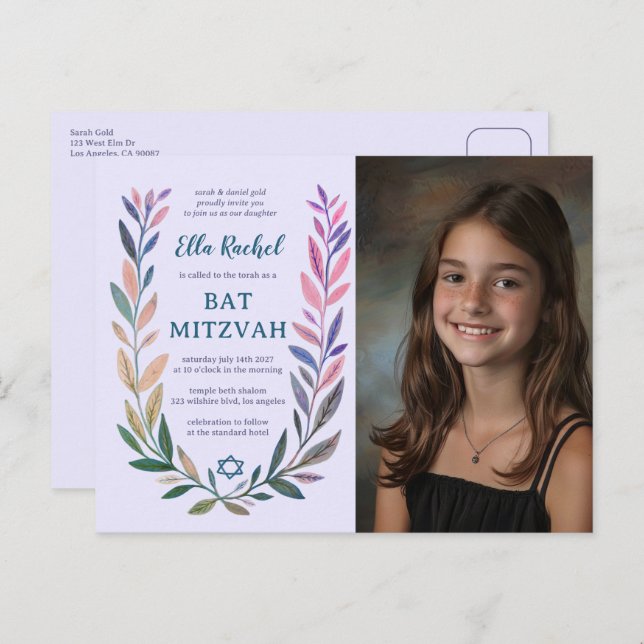 Carte Postale Botanical Watercolor CUSTOM PHOTO Bat Bar Mitzvah (Devant / Derrière)