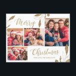 Carte Postale Botanique d'or moderne 4 Photo Collage Noël<br><div class="desc">Elégant, moderne Gold Botanical Foliage Feuilles 4 Photo Collage Or et blanc Joyeux Script de Noël Carte postale Vacances. Ce modèle de carte postale festive, mimimaliste et fantaisiste de quatre (4) photos de vacances présente un joli collage photo, fausse feuille d'or feuillage botanique feuilles, hivernages et dit Joyeux Noël! Le...</div>