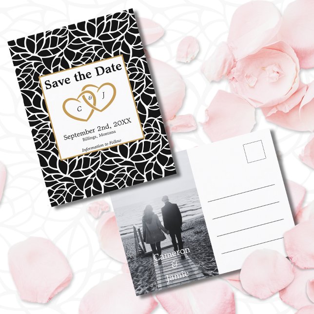 Carte Postale Botanique Enregistrer la date Noir blanc thème Mar (Botanical Save the Date Black White Wedding Theme Postcard)