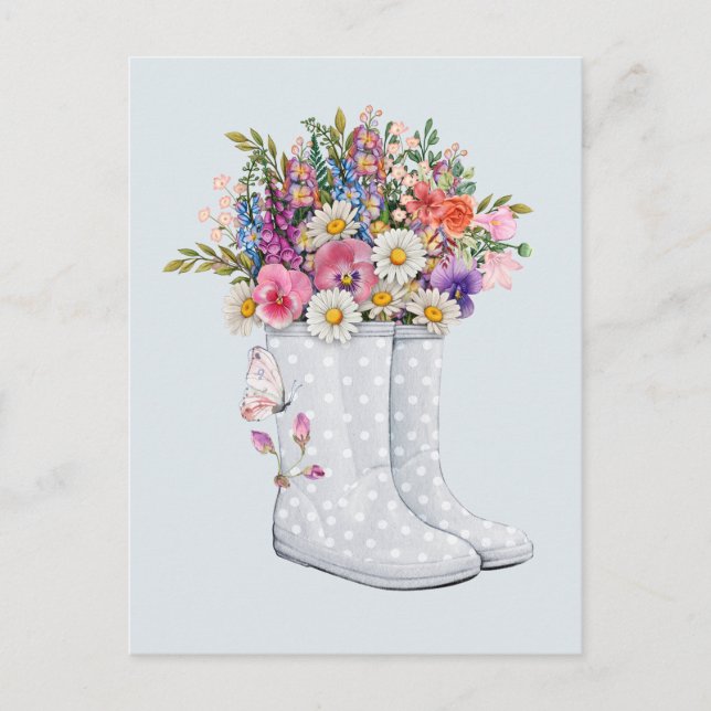Carte Postale Botte en caoutchouc art avec bouquet floral (Devant)