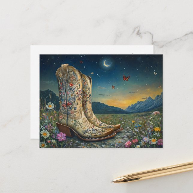 Carte Postale Bottes de cowboy dans la prairie (Devant/Arrière en situation)