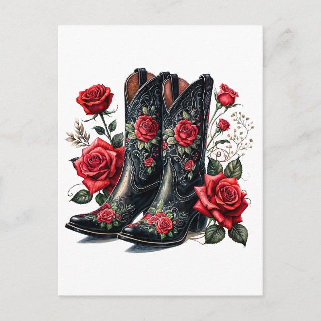 Carte Postale Bottes de cowboy noires avec des roses rouges (Devant)