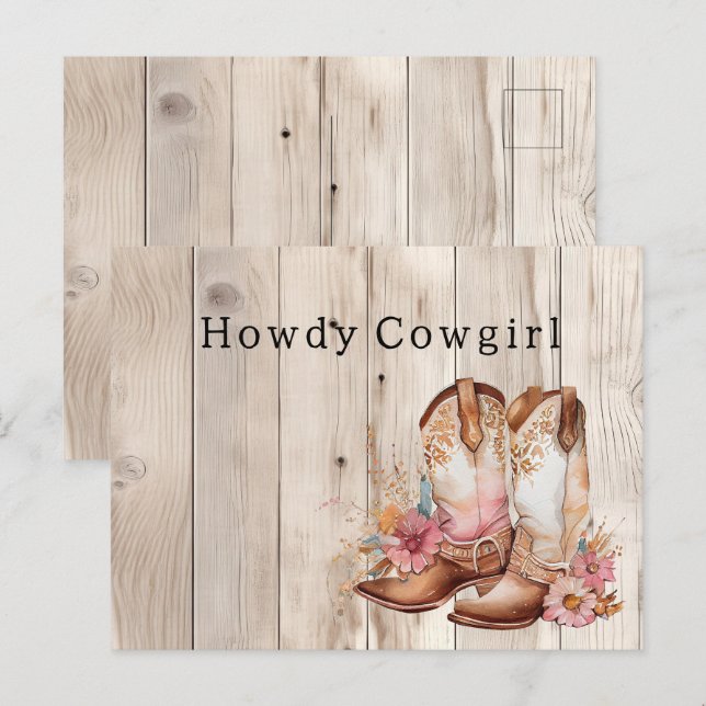 Carte Postale Bottes florales de cowgirl ivoire Faux bois Person (Devant / Derrière)