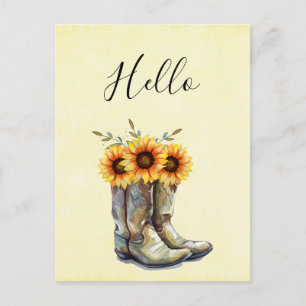 Carte Postale Bottes rustiques Cowboy avec tournesol Bonjour