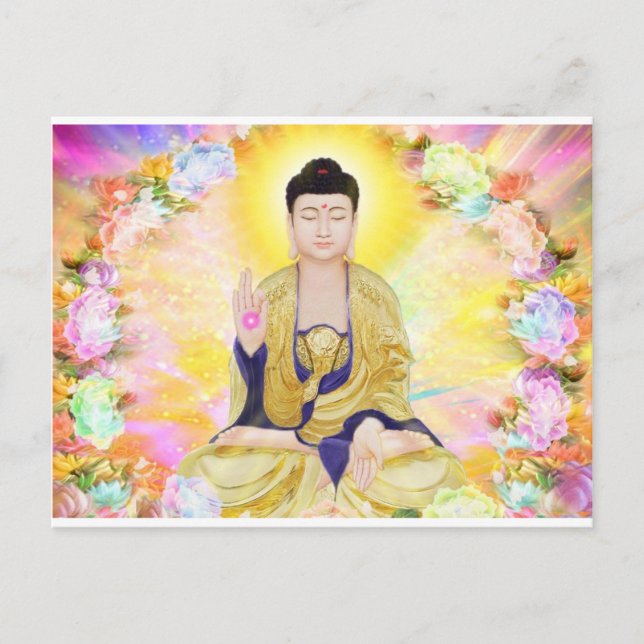 Carte Postale Bouddha a entouré par des fleurs (Devant)