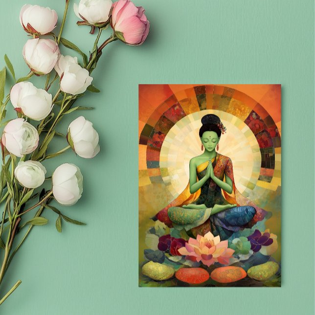 Carte Postale Bouddha déesse Tara verte peinture florale Zen (Créateur téléchargé)