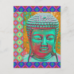 Carte Postale Bouddha Pop avec des bordures en Patchwork en bleu